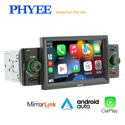 Car Radio CarPlay, 1 Din, Android-Auto, 5 Inch MP5 Player, Bluetooth, Hands Free, A2DP, USB, FM,