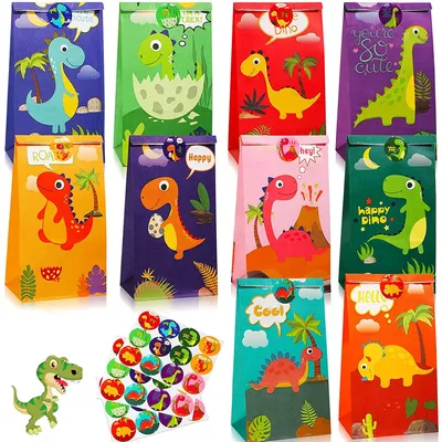 30Pcs Dinosaur Party Bags Thicken Paper Dinosaur Gift Bags Recyclable Odorless Candy Bags with 36