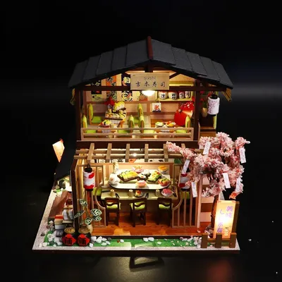 Creative handmade and assembled cherry blossom sushi shop house, doll house, girls, classmates,
