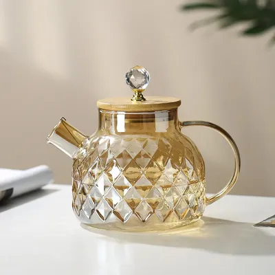 Glass Tea Kettle With Bamboo Lid And Removable Filter Spout Champagne Teapot For Loose Leaf Blooming
