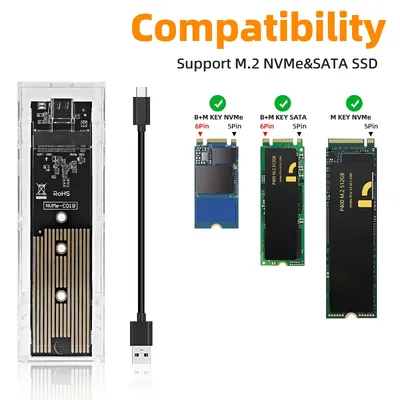 M.2 NVME PCIe NGFF SATA Dual Protocol SSD Case Clear USB Type C 10Gbps PCI-E M2 SSD Transparent