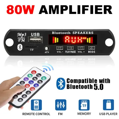 80W Amplifier 12V MP3 Player Hands-free Bluetooth-compatible 5.0 Decoder Board 12V 2*40W Car FM