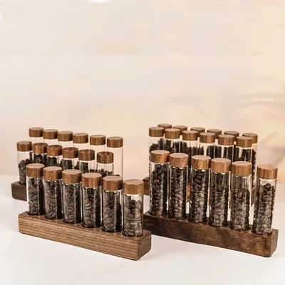 Coffee Beans Storage Container Tube Display Rack Tea Bottle Glass Walnut Wood Espresso Accessory