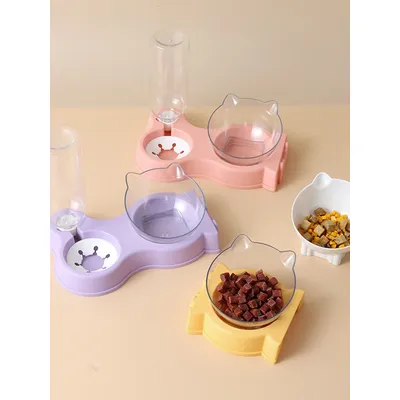 Pet Cat Food Bowl Automatic Feeder All-in-One Splice Dog Cat Food Bowl and Drinking Fountain Drinking Raised Standing Dish Bowl