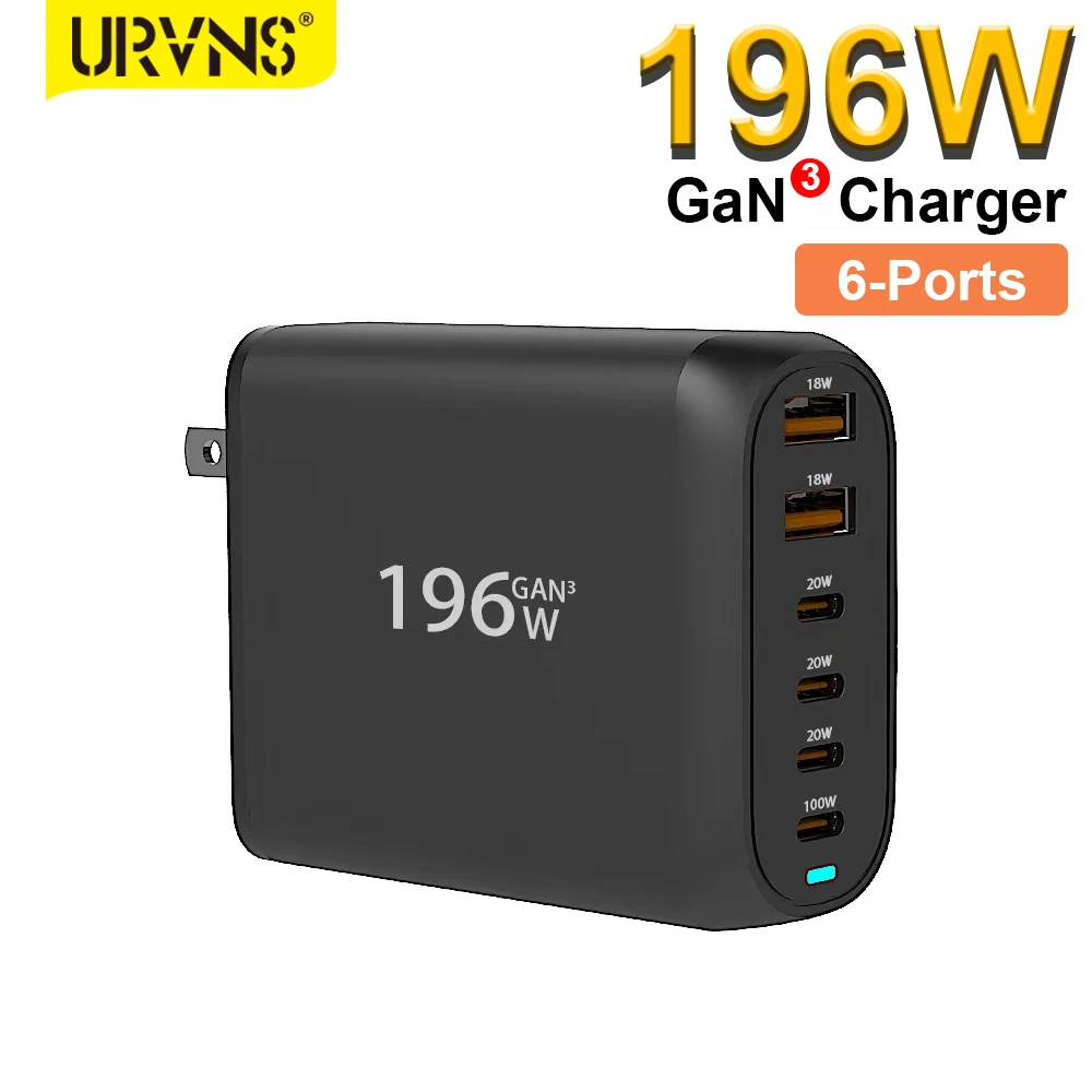 URVNS 196W USB C Charger, GaN 6 Ports PD 100W PPS 45W Super Fast Charging Station for iPhone 15 14 MacBook Laptops Galaxy S23/22