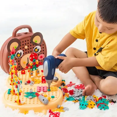 203 Pieces Children's Repair Toolbox Creative Mosaic Puzzle Toy With Electric Drill Screw Tool Set