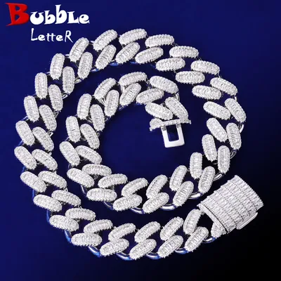 Bubble Letter Iced Out 15mm Miami Cuban Link Chain for Men Micro Pave Prong Setting Baguette Choker