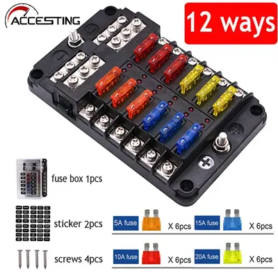 Car Boat Fuse Box Holder With 12 Way Blade Fuse Holder Block & Warning Indicator 12V~24V Power