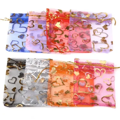 25pcs/50pcs 7x9/9x12/10x15/13x18cm Love Heart Gift Organza Bag Gold Color Printing Drawstring