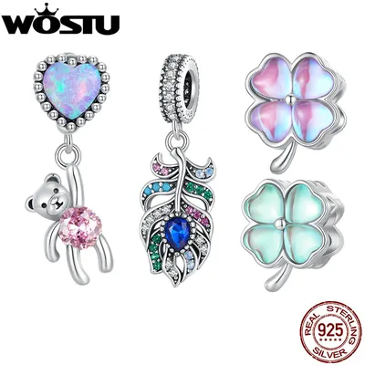 WOSTU 925 Sterling Silver Lovely Pink Clover Charms Peacock Feather Pendant Balloon Bear Bead Fit