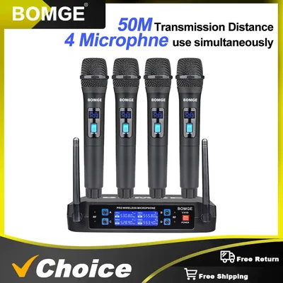BOMGE 4 channel wireless microphone System Cordless Mic Set With Four Handheld Mics Fixed Frequency, Long Range 200ft