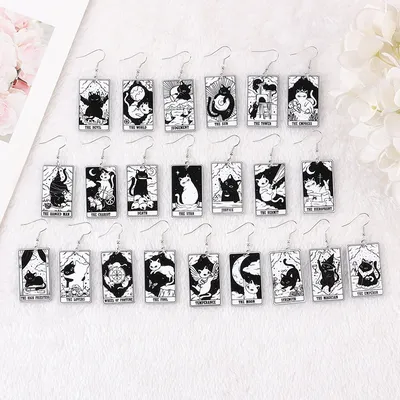 1Pair Drop Earring Black White Cat Tarot Card Charms Sun Moon Star And The Lovers Divination Card Fashion Jewelry Gift