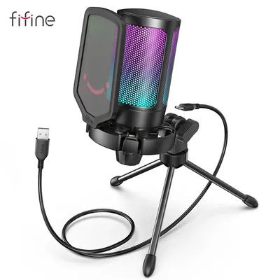 FIFINE USB Condenser Gaming Microphone, for PC PS4 PS5 MAC with Pop Filter Shock Mount&Gain Control