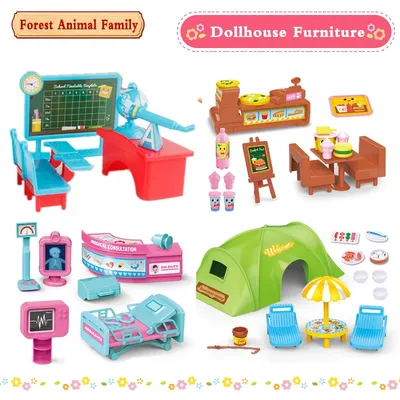 Children Toy 1:12 Dollhouse Furniture Miniatures Classroom Hospital Burgershop Forest Animal Family Doll Montessori Toy For Girl