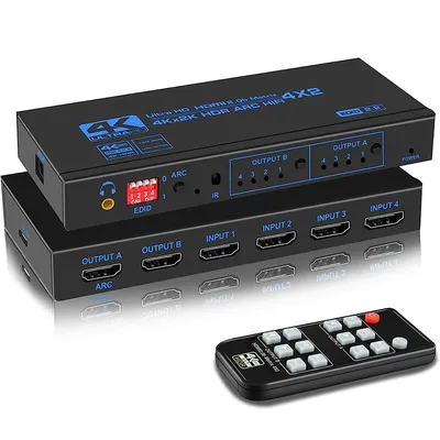 4K 60Hz HDMI Matrix 4x2 with Optical & 3.5mm Stereo Audio Out HDMI Matrix Switcher Splitter 4 In 2