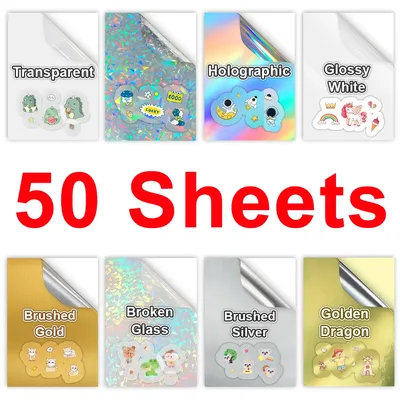 50 Sheets A4 Transparent Printable Vinyl Sticker Paper Glossy White Self-Adheisve Copy Paper for