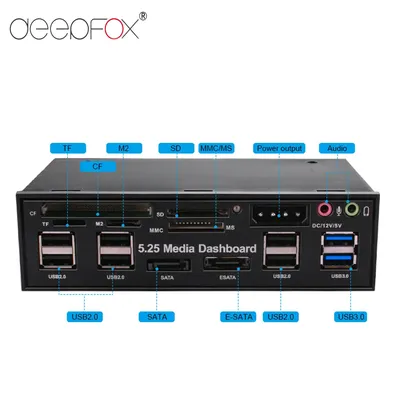 DeepFox Multifuntion 5.25" Media Dashboard Card Reader USB 2.0 USB 3.0 20 Pin e-SATA SATA Front Panel for Optical Drives Bay