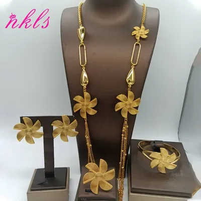 Long Chain Earrings Fashion Dubai Gold Color Jewelry Set for Women Lady Elegant Tassels Necklace Bracelet Ring New Wedding Gift