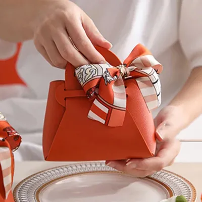 1PCS Leather Gift Bags Bow Ribbon Packaging Bag Wedding Favour Distributions Bags Eid Mubarak Candy Packaging Box Mini Handbag