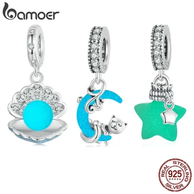 Bamoer 925 Sterling Silver Glow-in-the-dark Shell/Moon Cat/Star Wishing Bottle Pendant Luminous