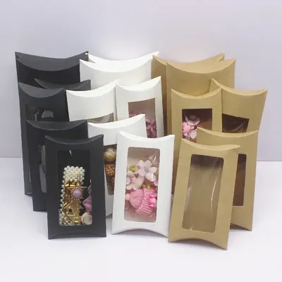 10pcs DIY gift packaging with windows, white/kraft paper/black, multiple size pillow packaging box