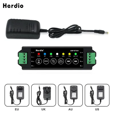 Herdio 4-Way Home Power Amplifiers Audio Bluetooth & Aux Mini Amplifier for Bathroom Wall Ceiling Speakers EU/US/UK/AU Plug