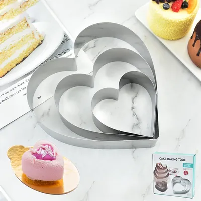 Set(3pcs) Stainless Steel Mousse Ring Mold 3-piece Set Heart-shaped Cheese Dessert Biscuit Mold Kitchen Baking Tool