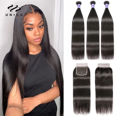 Unice hair Free Shipping Peruvian Virgin Hair With Closure 3 Bundles Peruvian Straight Hair Wefts