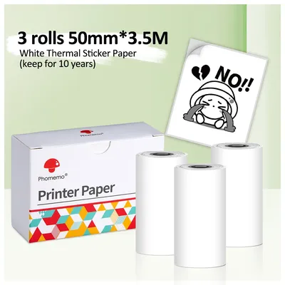 3 Rolls 10 Years White Thermal Sticker Self-adhesive Label Paper 50mm*3.5m For Phomemo