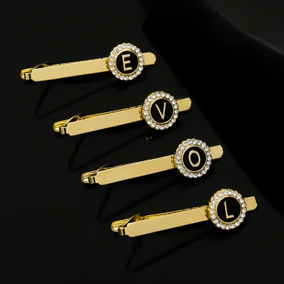 26 Letters Capital Initial A-D-G-Z Tie Clip With Crystal Around Pattern Golden Color For Men Boys