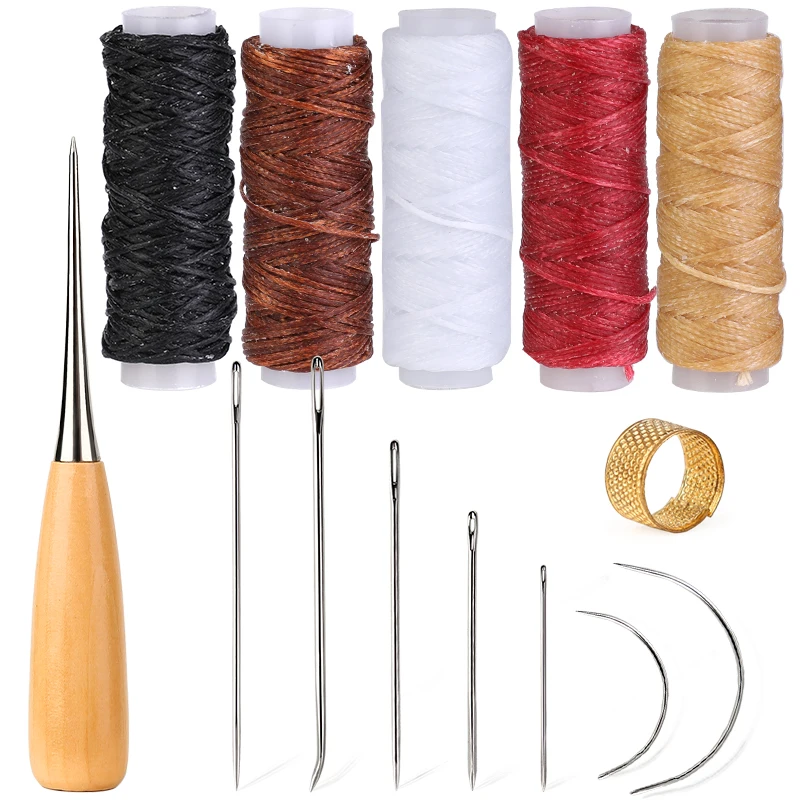 IMZAY Leather Sewing Set With 5 Pcs Waxed Thread Stainless Steel Leather Sewing Needles DIY Leather Craft Sewing Tools Set