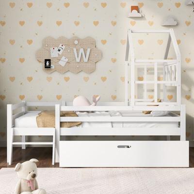 Hausbett Kinderbett mit Leiter und Schubladen, inkl. Lattenrost,Hochbett Massivholz mit Image