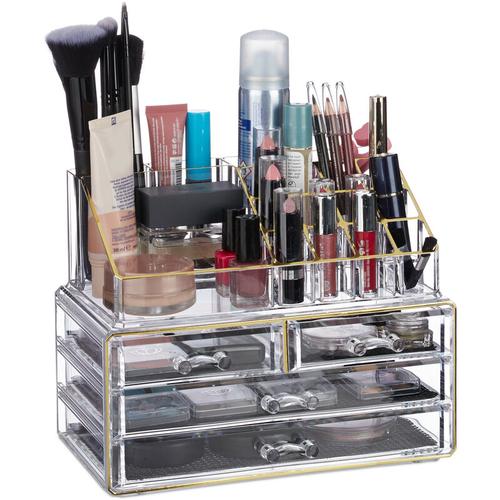 Make Up Organizer Acryl, 2-teilige Schminkaufbewahrung mit Lippenstifthalter & 4 Schubladen,