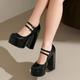 Women's Heels Mary Jane Party Club Buckle Chunky Heel Round Toe Fashion Patent Leather Ankle Strap Wine Black White