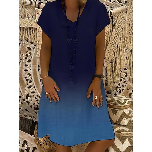 Damen Midikleid Kunstbaumwollleinen Shiftkleid Freizeitkleid T-Shirt-Kleid Lässig Täglich Urlaub Normale Passform Ombre Kurzarm V Ausschnitt Schwarz Gelb Rote Marineblau Sommer Image