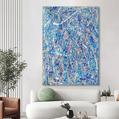 handgemaltes abstraktes Illustrationsgemälde mit blauen und weißen Linien von Jackson Pollock auf Leinwand für die Wohnzimmerwand (ohne Rahmen) Image