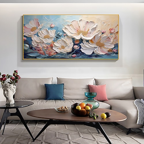 handgemachtes Original Ölgemälde auf Leinwand mit weißen Blumen, rosa, Wanddekoration, dicke Struktur, Blütengemälde für Wohndekoration mit gespanntem Rahmen/ohne Innenrahmen Image
