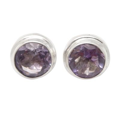 Purple Divine Feminineness,'Polished Classic Sterling Silver Stud Earrings with Amethyst'