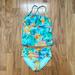 Athleta Swim | Athleta Lumen Floral Flutter Bikini Top And High Waisted Bikini Bottom Size 8-10 | Color: Blue/Orange | Size: 8g