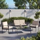 BELLEZE 4PC Patio Wicker Set Lounge Cushion Chair Glass Table, Brown