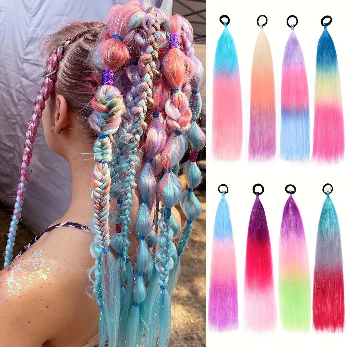 Bunte Haar verlängerungen Ombre Braid Pferdes chwanz Mischung Haar Lametta mit Haar gummi verrückte Haar Tag Accessoires für Frauen Mädchen Image