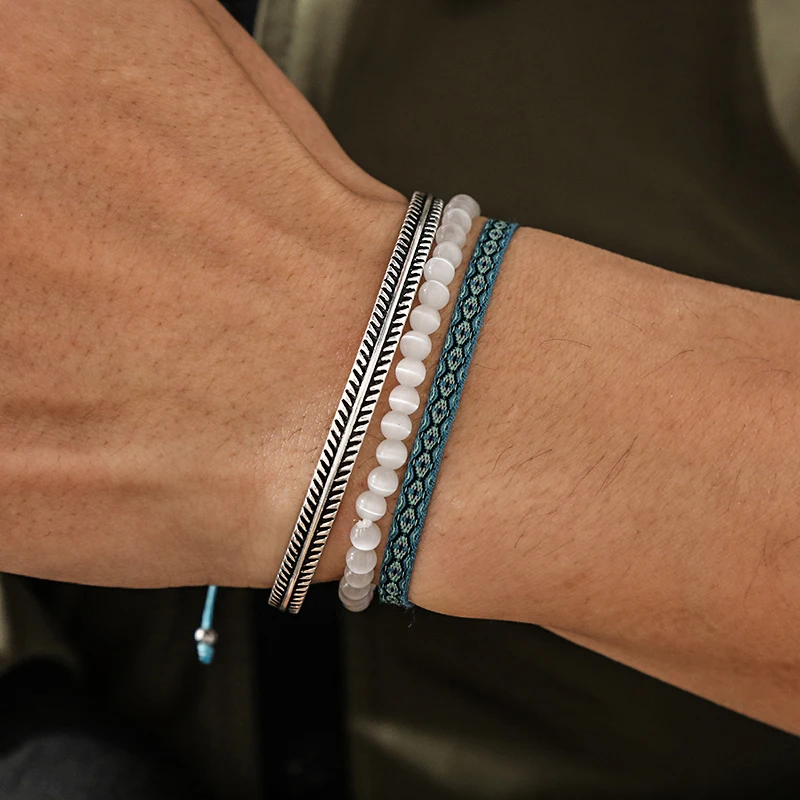 Handgefertigtes Vintage-C-Armband aus 925er tibetischem Silber, weißer Mondlichtstein, Perlen-Baumwollseil-Armband, täglich, 3 Stück/Set, Unisex-Schmuck