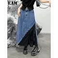 EAM-Jupe mi-longue en denim pour femme taille haute élastique bloc de documents noir jupe
