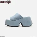 GIGIFOX sandali con plateau per donna Denim Open Toe zeppe scarpe Outdoor Indoor Chunky Slipper