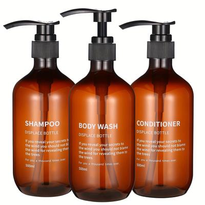 TEMU 3 Pack 500ml/16 Oz Waterproof Shampoo And Conditioner Dispenser Set With Reusable Pump Bottles For Bathroom - Amber Color With Printed Label - Perfect For Shower Soap, Body Wash, And Hair Care