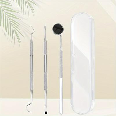 3pcs Oral Cleaning Tools, Dental Hygiene Kit, Teeth Cleaning Kit, Stainless Steel Scraper, Tooth Pick, And Mouth Mirror For Daily Teeth Cleaning