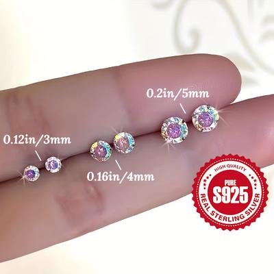 TEMU 925 Pure Silvery Iridescent Sparkling Round Stud Earrings Hypoallergenic Image