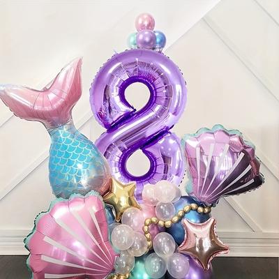 33pcs Mermaid Balloon Set, Purple Number Aluminum Film Balloon, Birthday Party Decoration Ocean Shell Party Arrangement Christmas, Halloween, Thanksgiving Day Gift Easter Gift