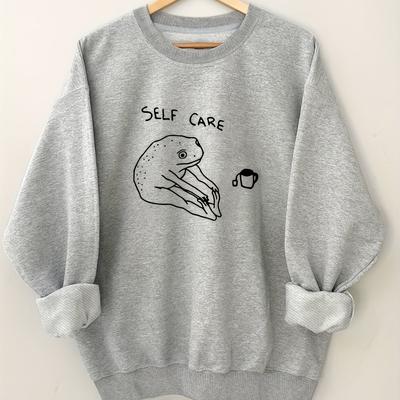 TEMU Women's Self Care Frog Graphic Long Sleeve Sweatshirt - Cute Animal Print Round Neck Pullover, Machine Washable Casual Top For Casual Attire Image