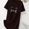Cartoon Cat Print Nightdress, Short Sleeve Crew Neck Pajama Dress, Women's Sleepwear & Dresses